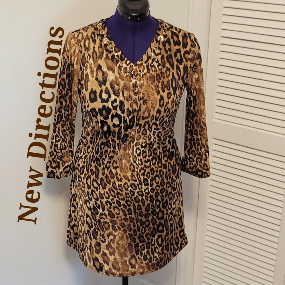 ❣️HP❣️ND brown leopard animal print v neck long sleeve shift dress Sz: PM